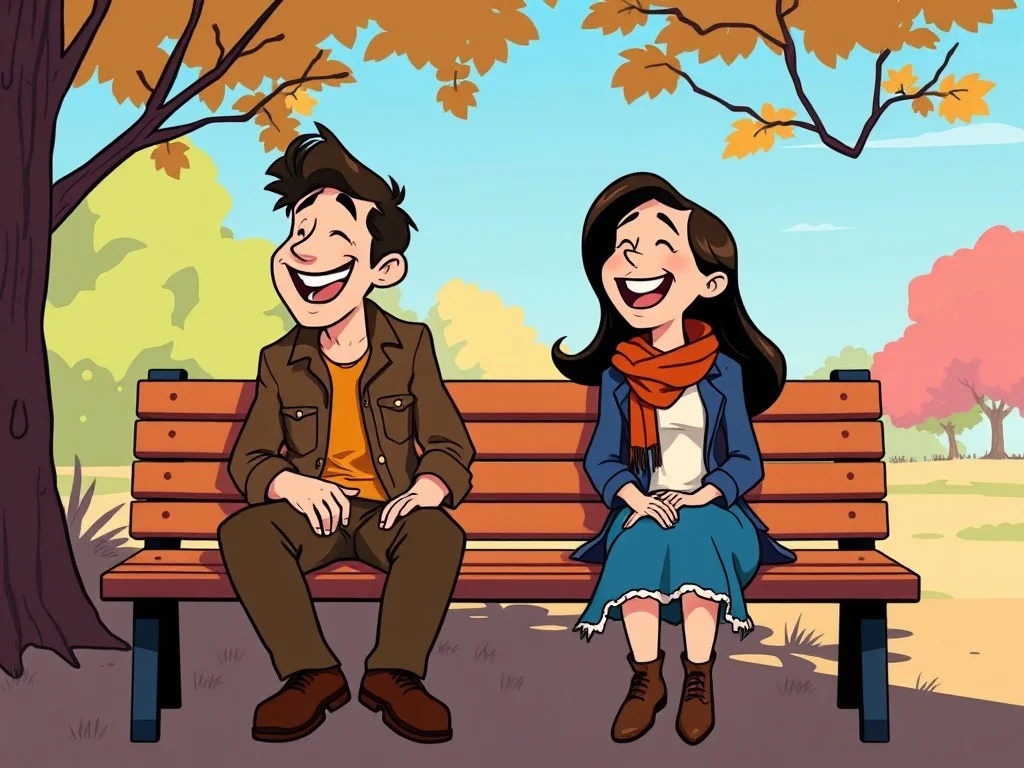 Cartoon illustration: two friends laughing on a park bench