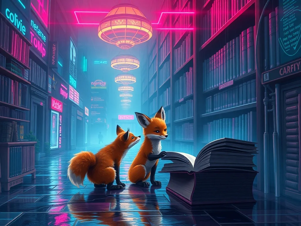 Cyberpunk illustration: a small fox exploring a magical library