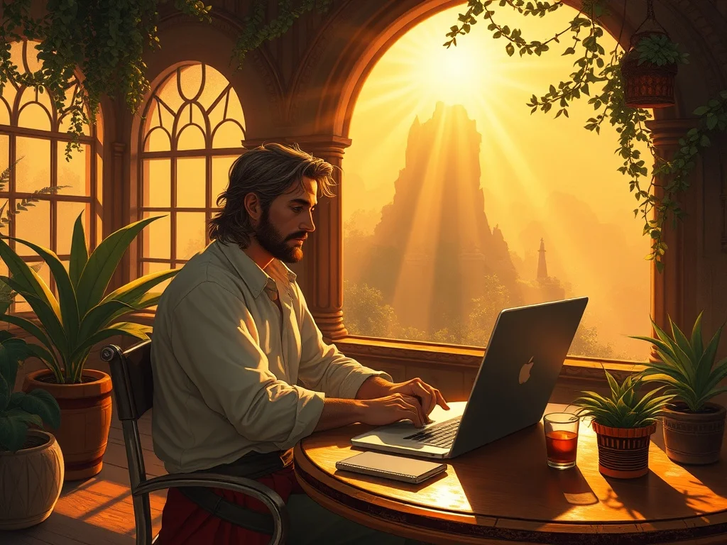 Fantasy illustration: a person working remotely from a sunny cafe