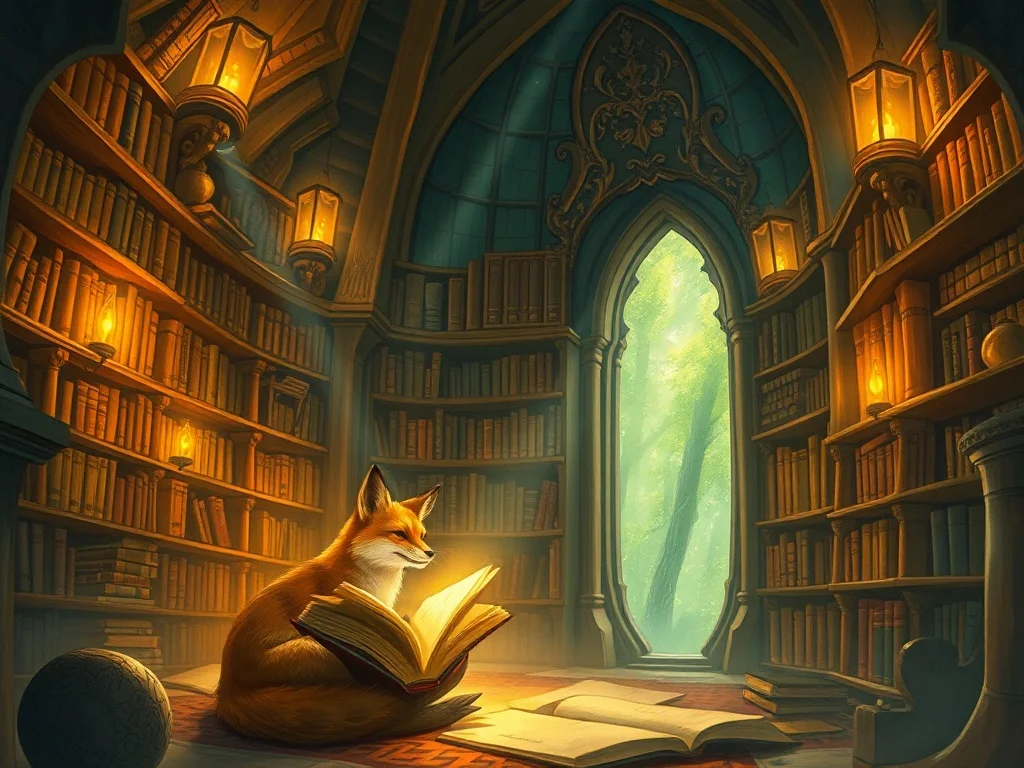 Fantasy illustration: a small fox exploring a magical library