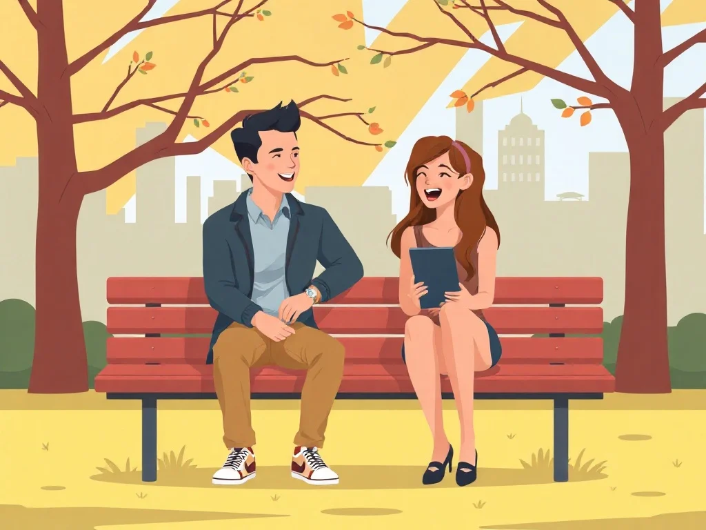 Flat Design illustration: two friends laughing on a park bench