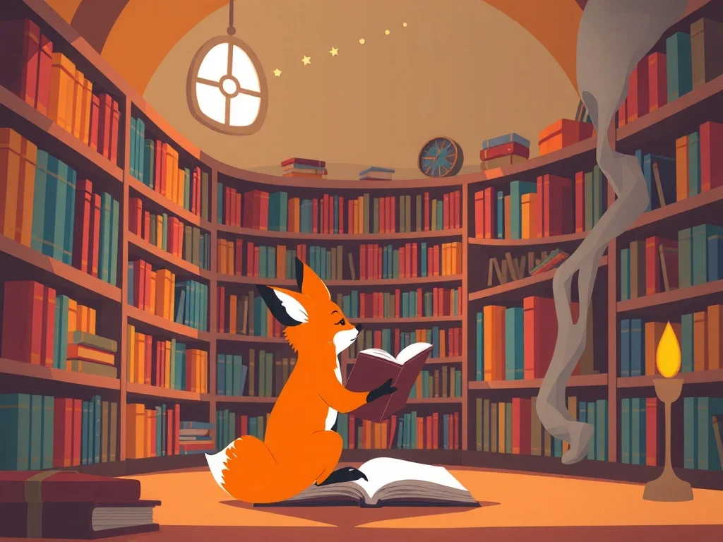 Flat Design illustration: a small fox exploring a magical library