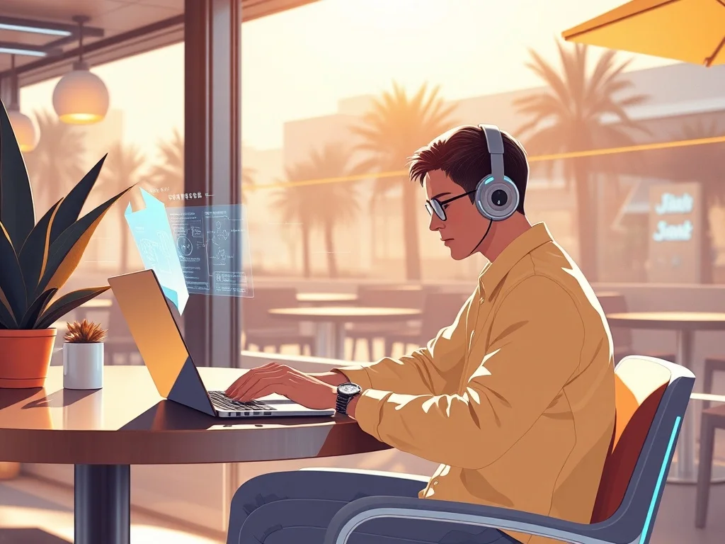 Futuristic illustration: a person working remotely from a sunny cafe