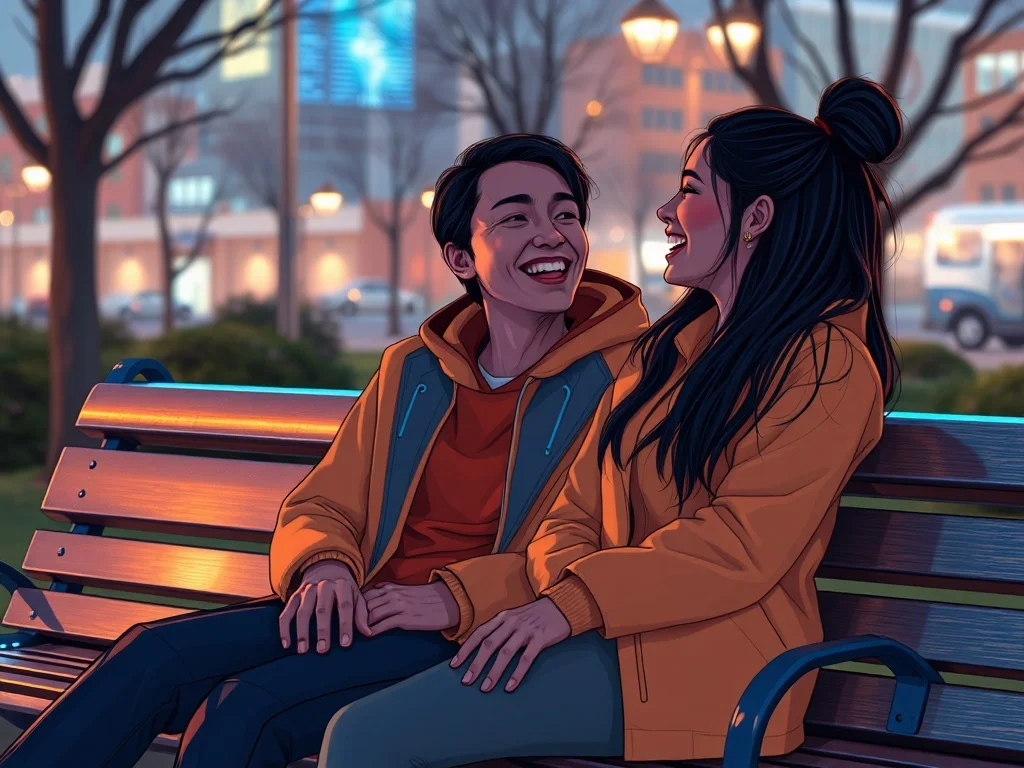 Futuristic illustration: two friends laughing on a park bench