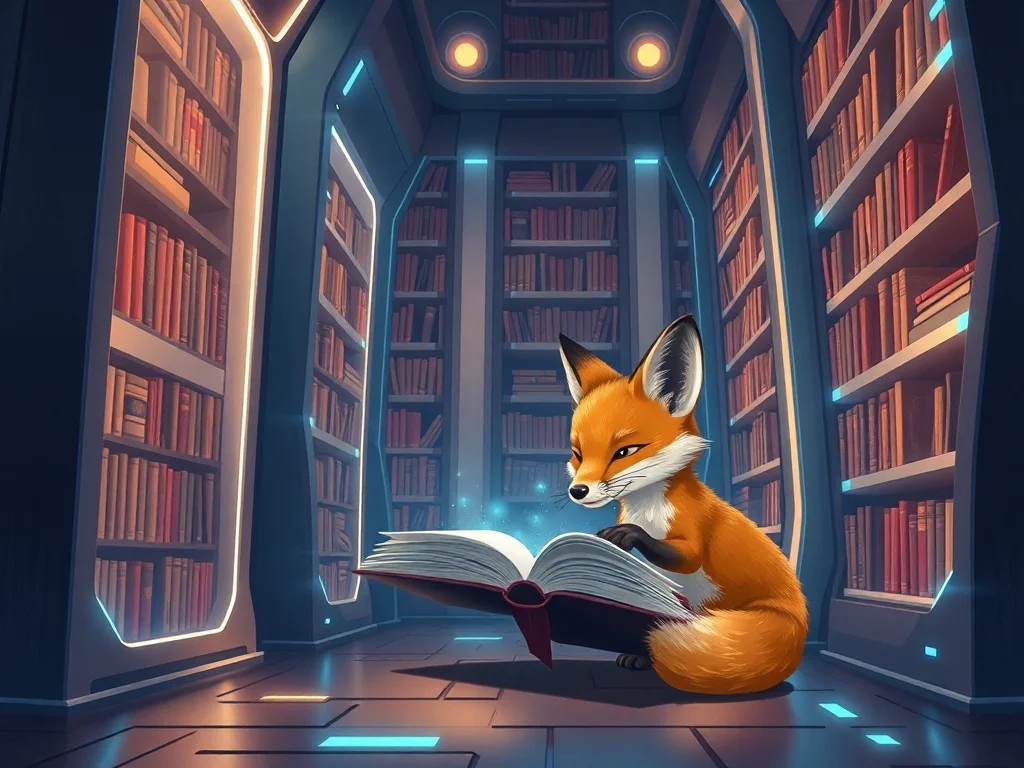 Futuristic illustration: a small fox exploring a magical library