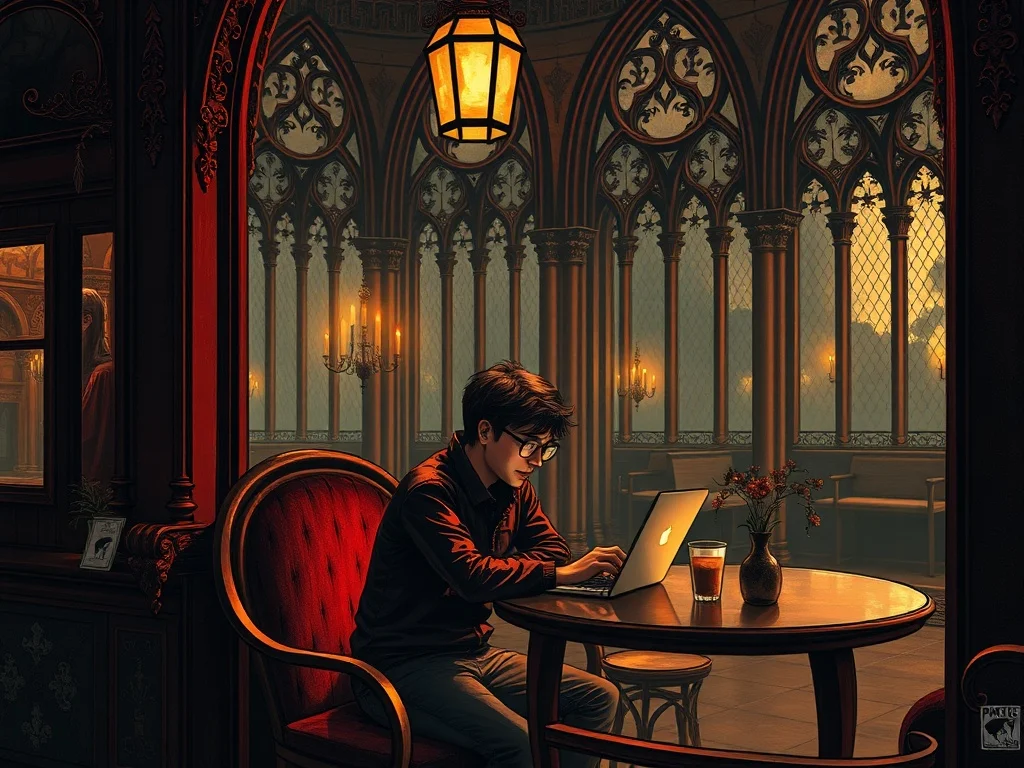 Gothic illustration: a person working remotely from a sunny cafe