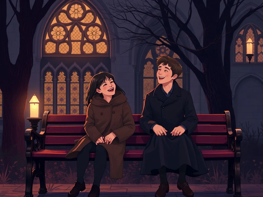 Gothic illustration: two friends laughing on a park bench