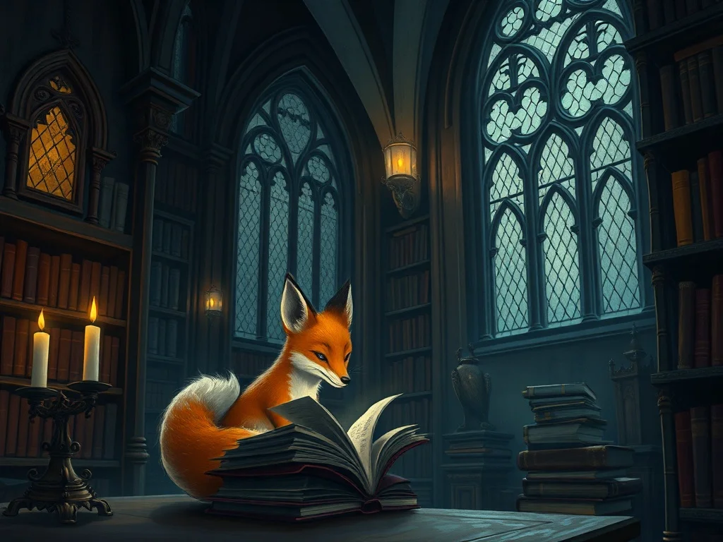 Gothic illustration: a small fox exploring a magical library