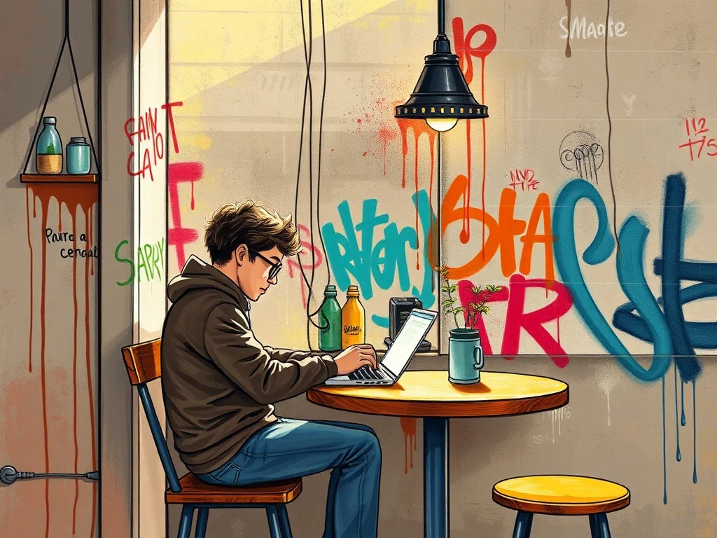 Graffiti illustration: a person working remotely from a sunny cafe