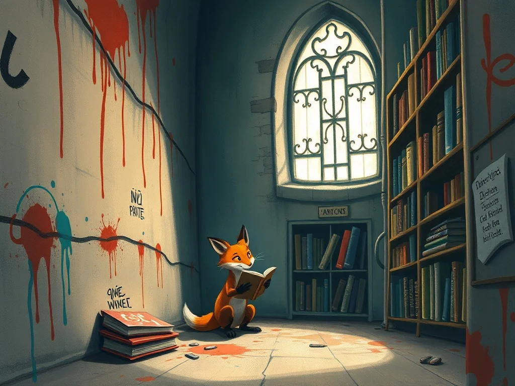 Graffiti illustration: a small fox exploring a magical library