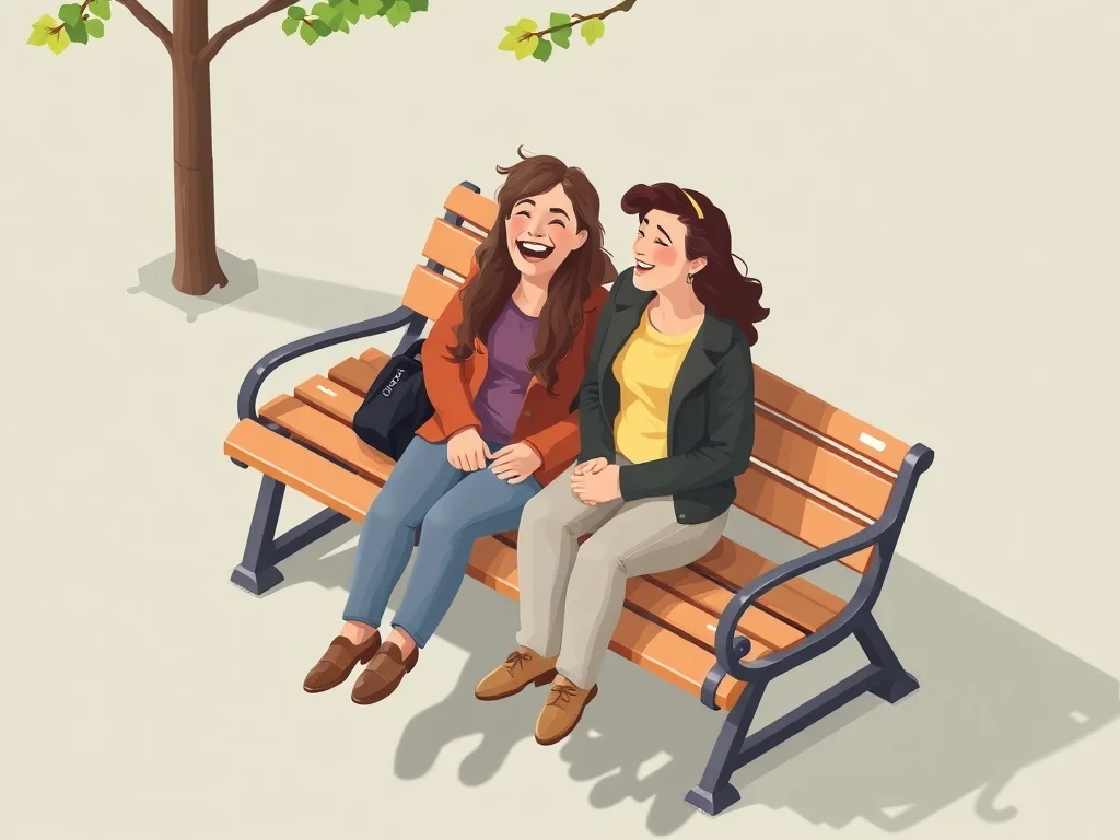 Isometric illustration: two friends laughing on a park bench