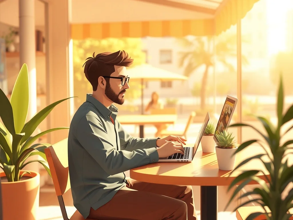 Low Poly illustration: a person working remotely from a sunny cafe