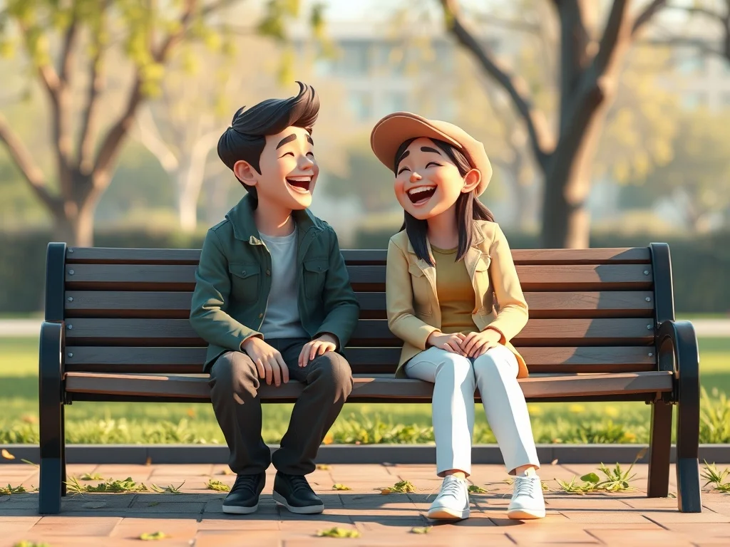 Low Poly illustration: two friends laughing on a park bench