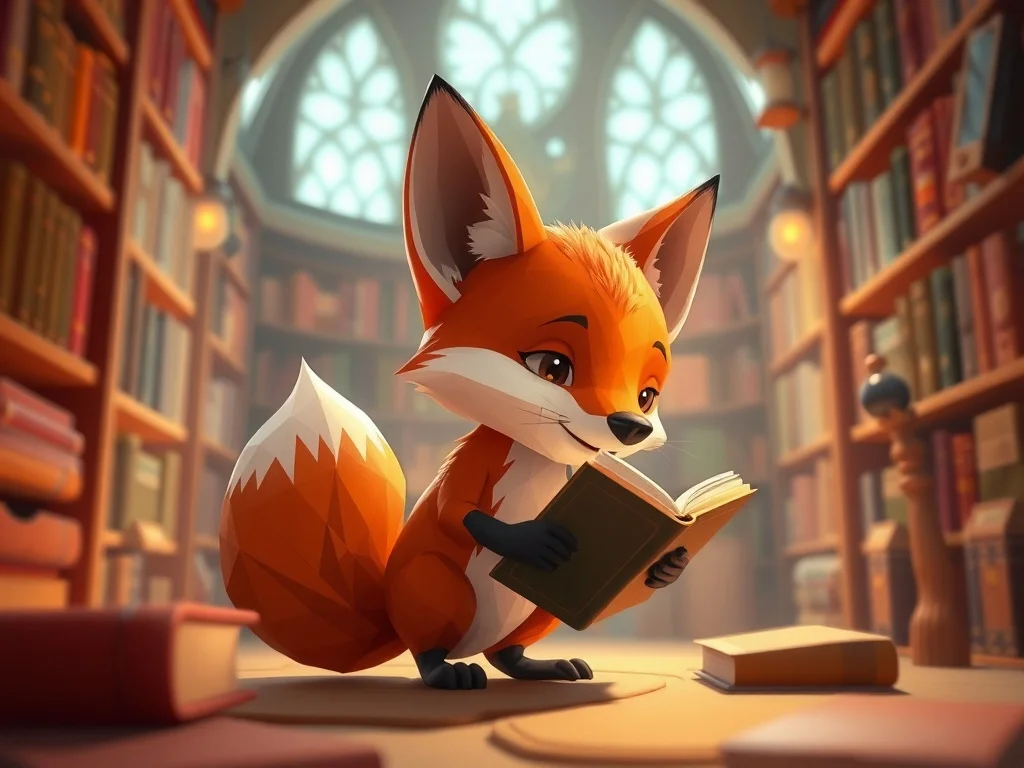 Low Poly illustration: a small fox exploring a magical library