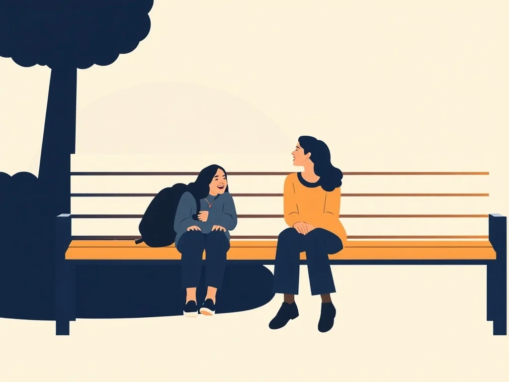 Minimalist illustration: two friends laughing on a park bench