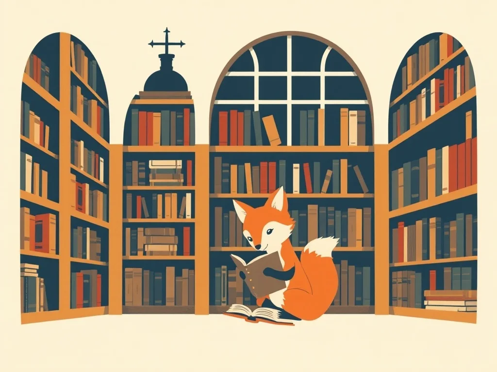 Minimalist illustration: a small fox exploring a magical library