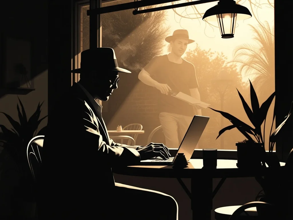 Noir illustration: a person working remotely from a sunny cafe