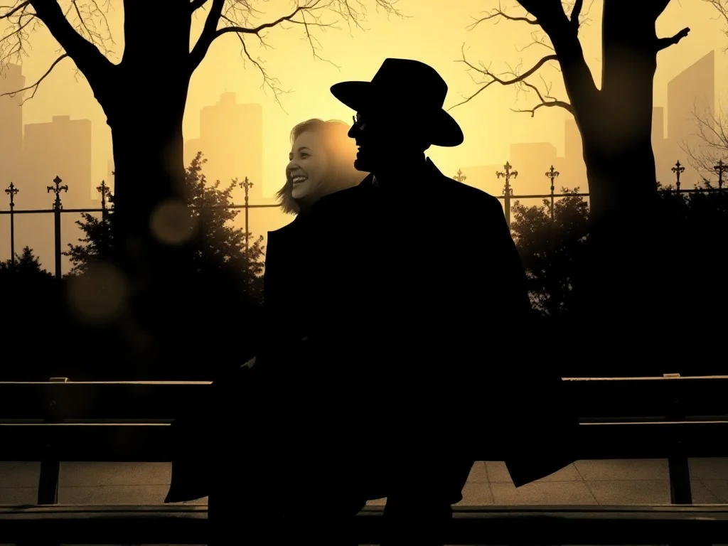 Noir illustration: two friends laughing on a park bench