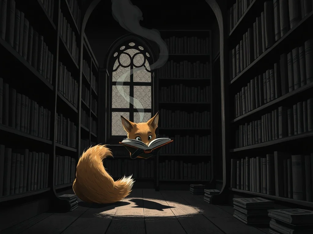 Noir illustration: a small fox exploring a magical library