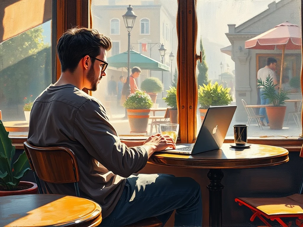 Oil Painting illustration: a person working remotely from a sunny cafe