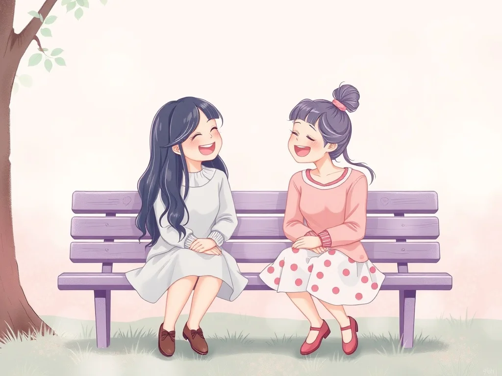 Pastel illustration: two friends laughing on a park bench