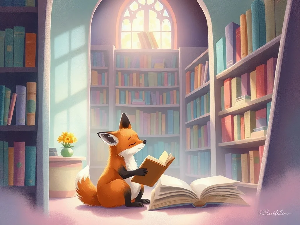 Pastel illustration: a small fox exploring a magical library