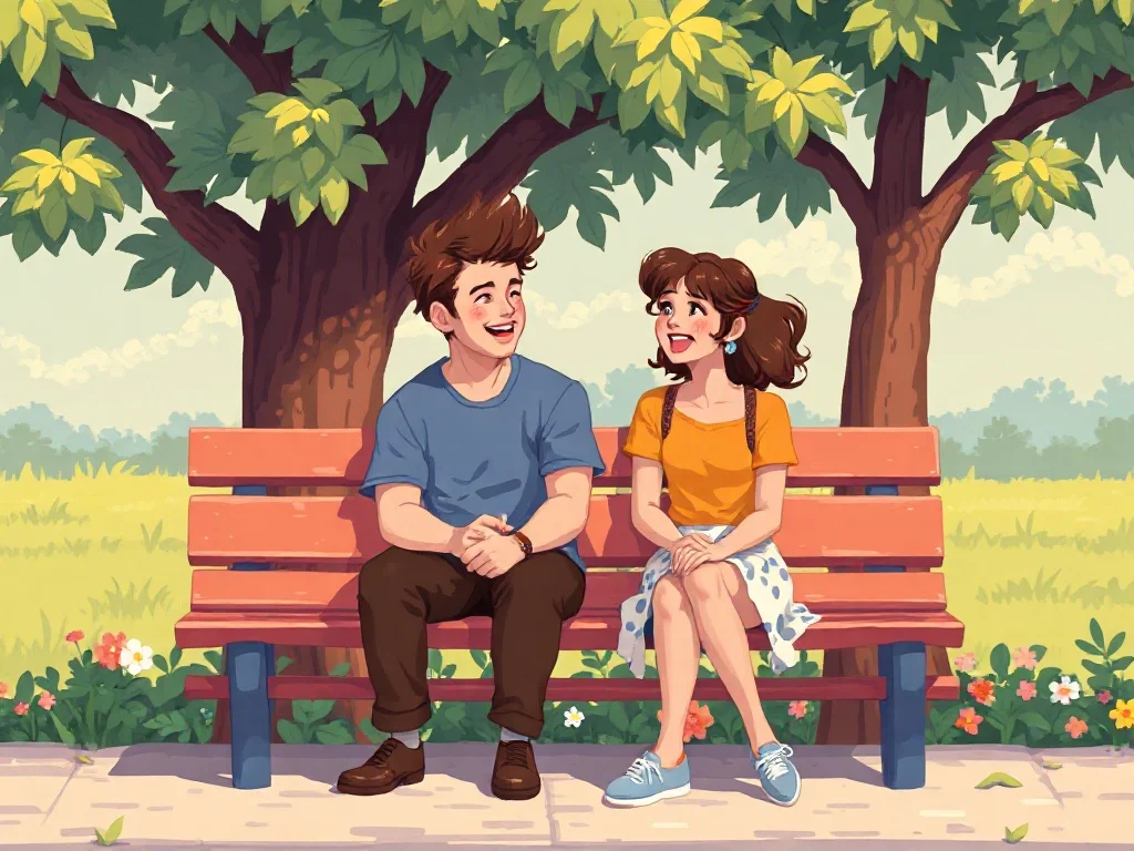Pixel Art illustration: two friends laughing on a park bench