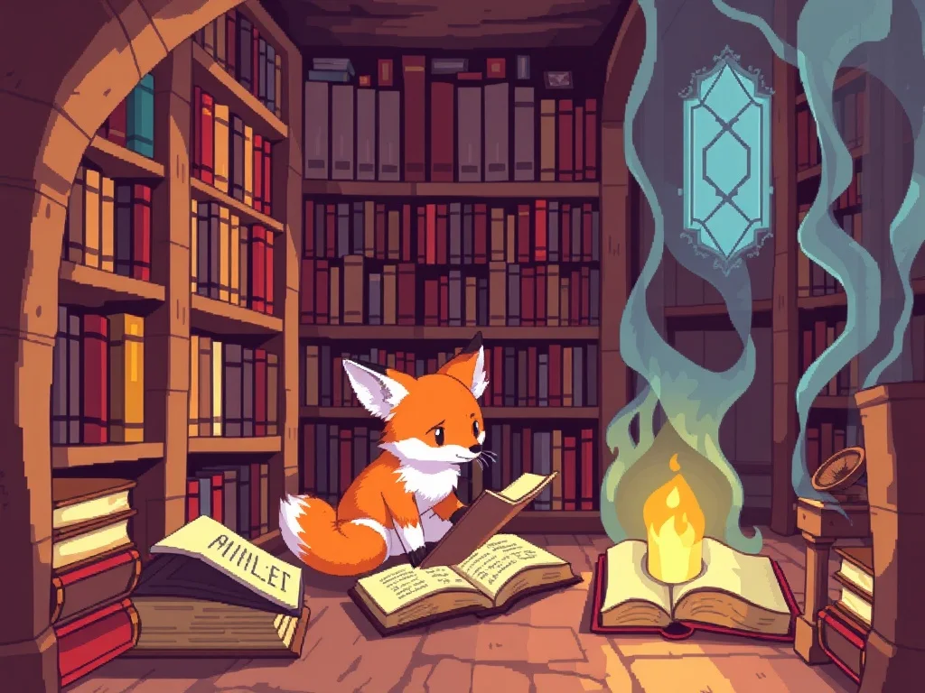 Pixel Art illustration: a small fox exploring a magical library