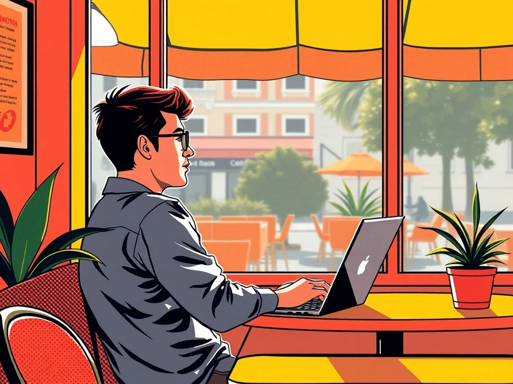Pop Art illustration: a person working remotely from a sunny cafe