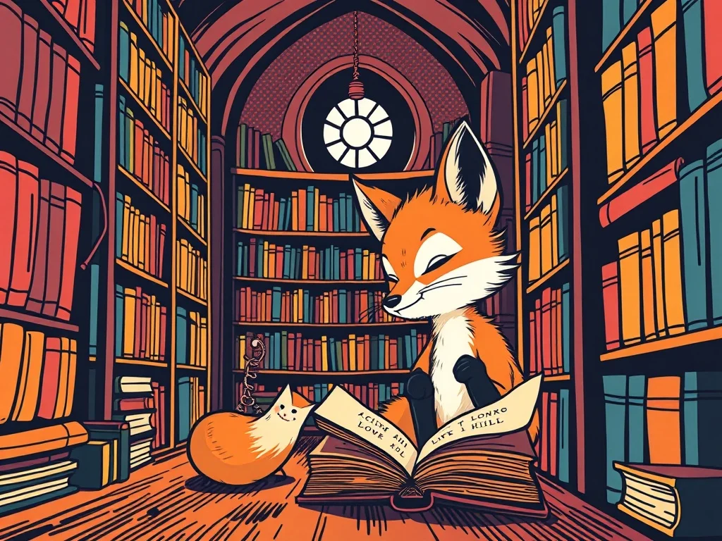 Pop Art illustration: a small fox exploring a magical library