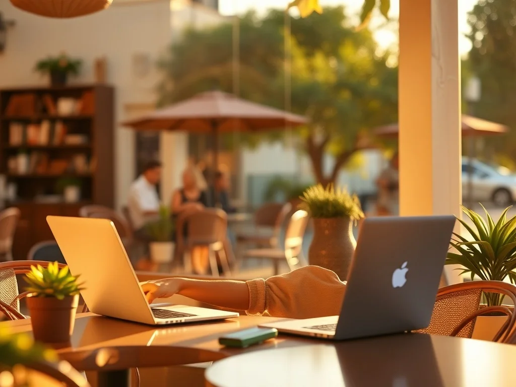 Photorealistic illustration: a person working remotely from a sunny cafe