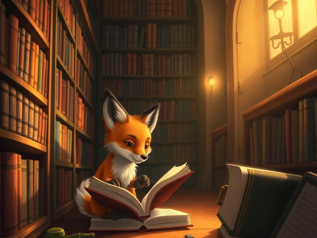 Photorealistic illustration: a small fox exploring a magical library