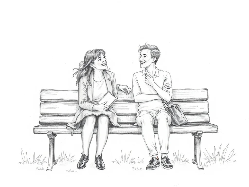 Sketch illustration: two friends laughing on a park bench