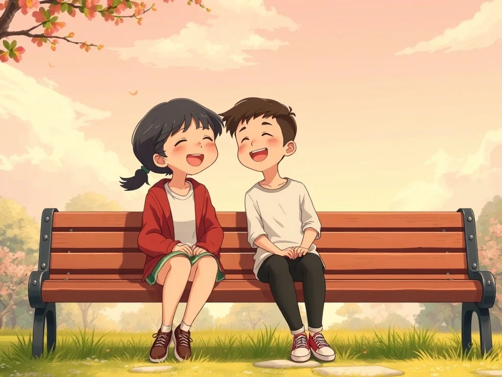 Studio Ghibli illustration: two friends laughing on a park bench