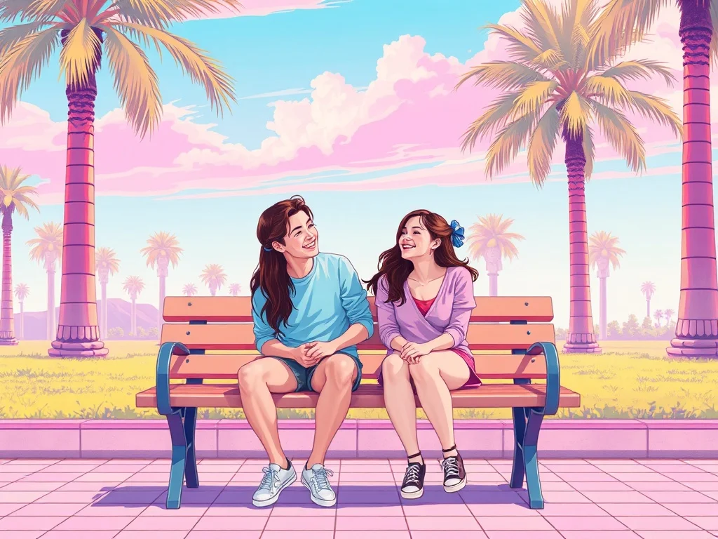 Vaporwave illustration: two friends laughing on a park bench