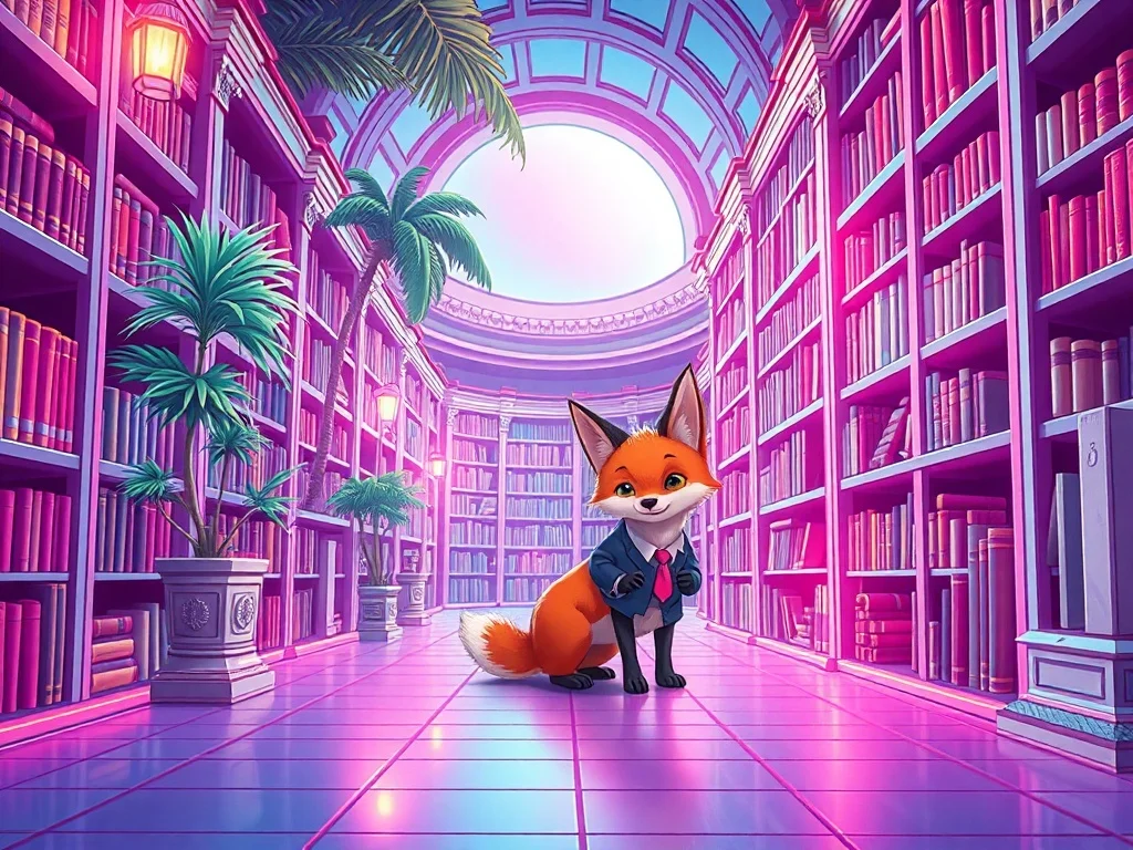 Vaporwave illustration: a small fox exploring a magical library