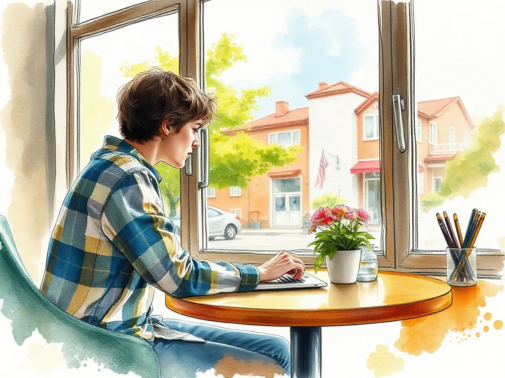 Watercolor illustration: a person working remotely from a sunny cafe