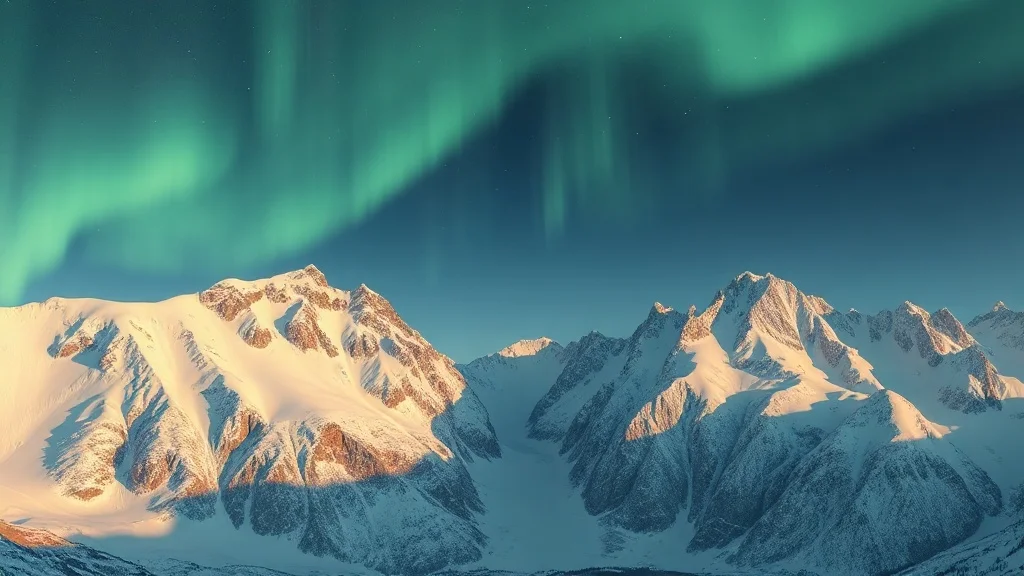 3D Render landscape: a snowy mountain range under aurora borealis
