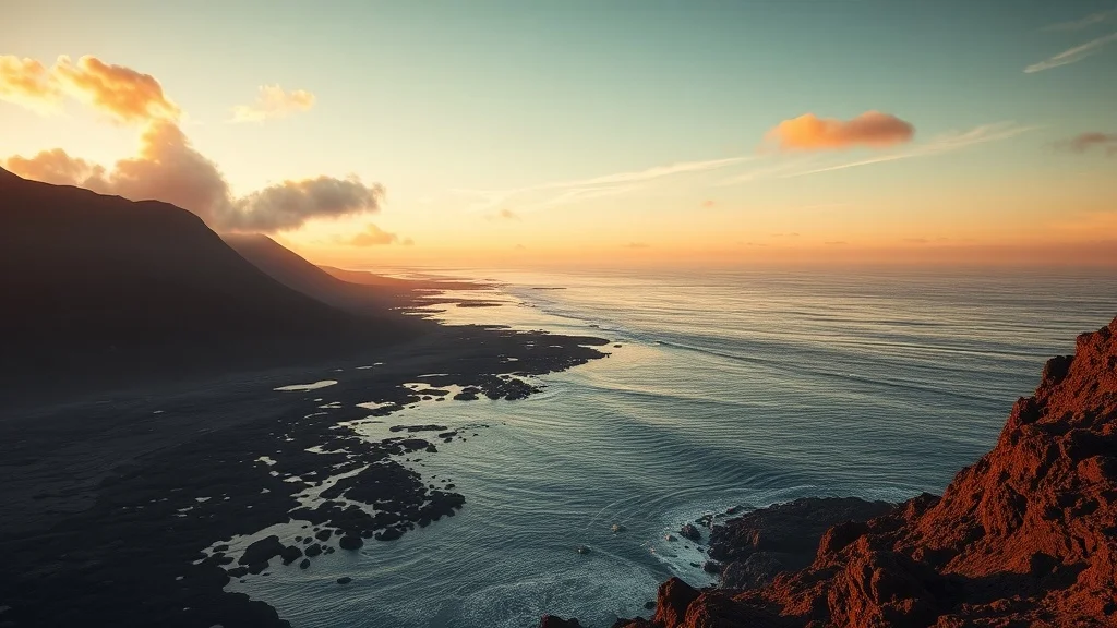 3D Render landscape: a volcanic shoreline at golden hour