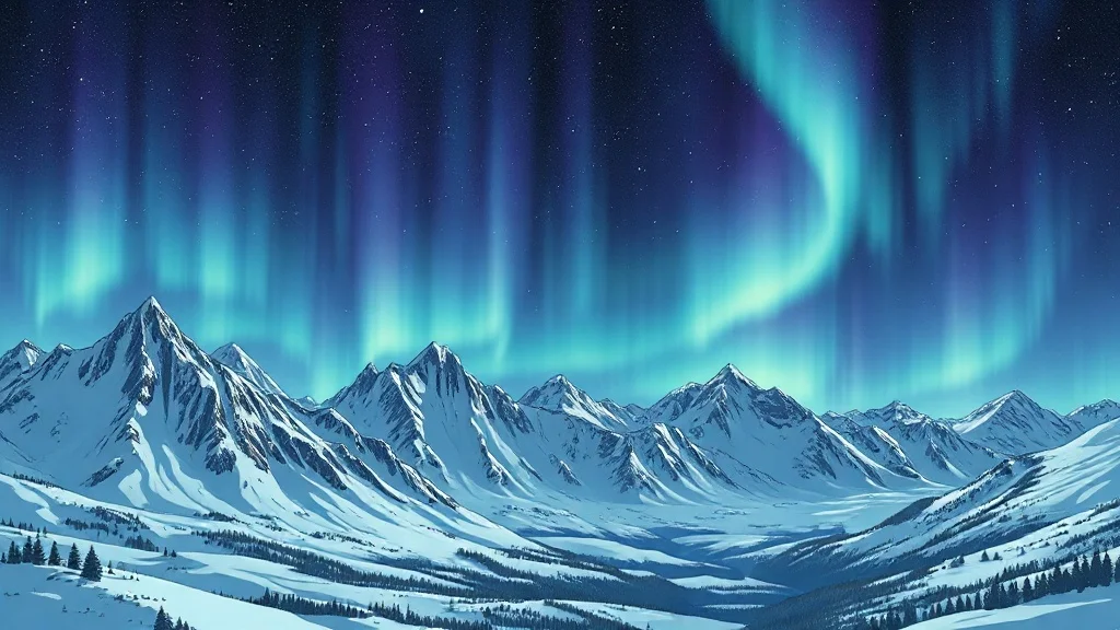 Anime landscape: a snowy mountain range under aurora borealis
