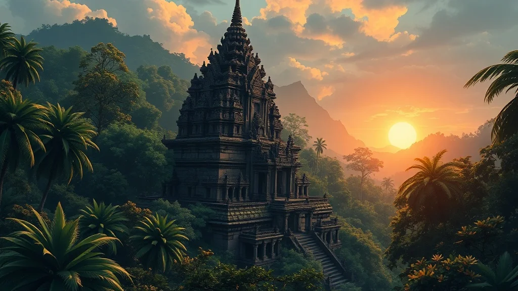 Anime landscape: an ancient ruined temple swallowed by jungle