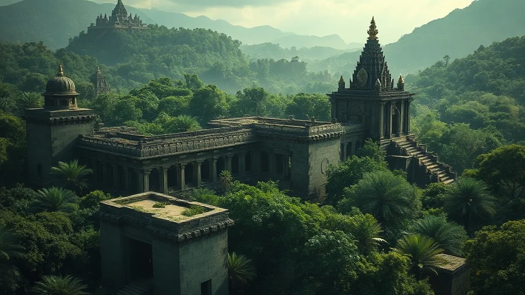 Art Deco landscape: an ancient ruined temple swallowed by jungle