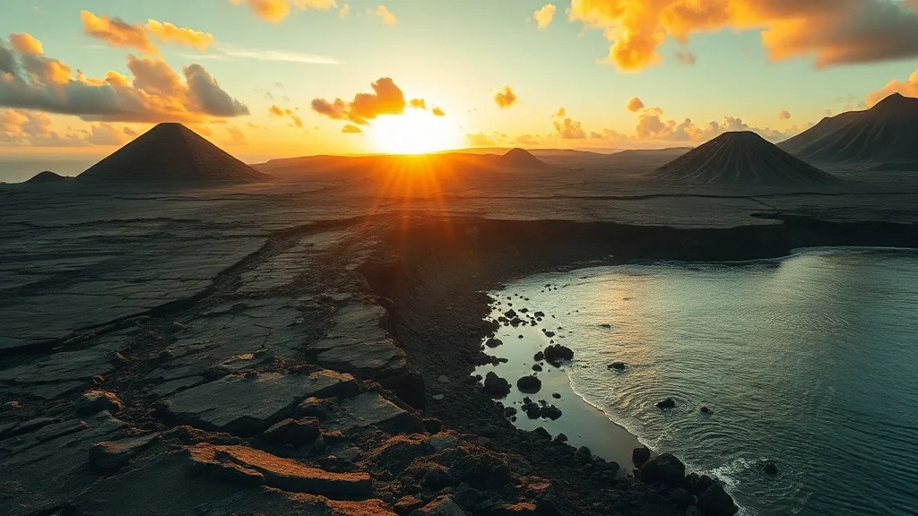 Art Deco landscape: a volcanic shoreline at golden hour