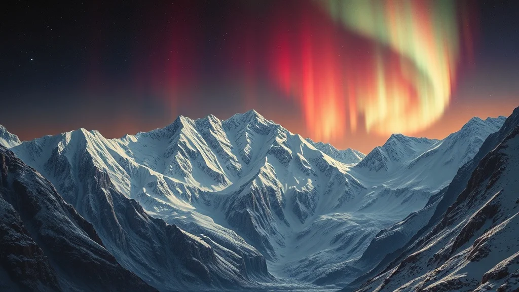 Baroque landscape: a snowy mountain range under aurora borealis