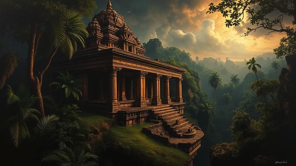 Baroque landscape: an ancient ruined temple swallowed by jungle