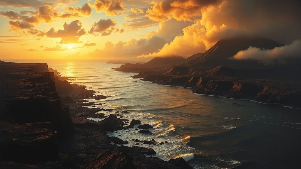 Baroque landscape: a volcanic shoreline at golden hour
