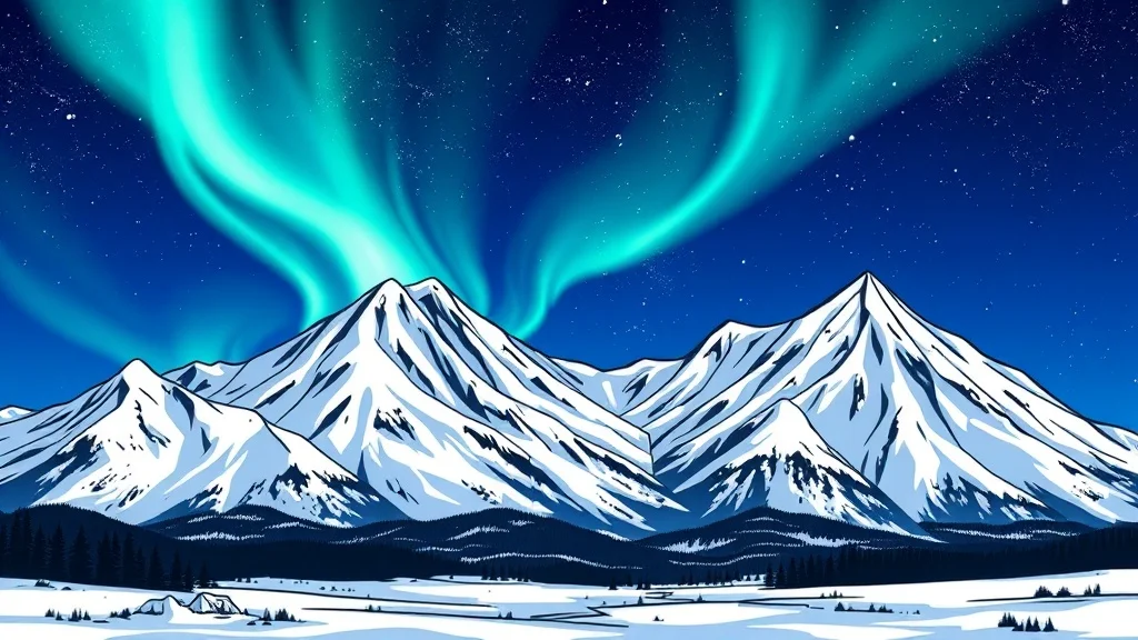 Cartoon landscape: a snowy mountain range under aurora borealis