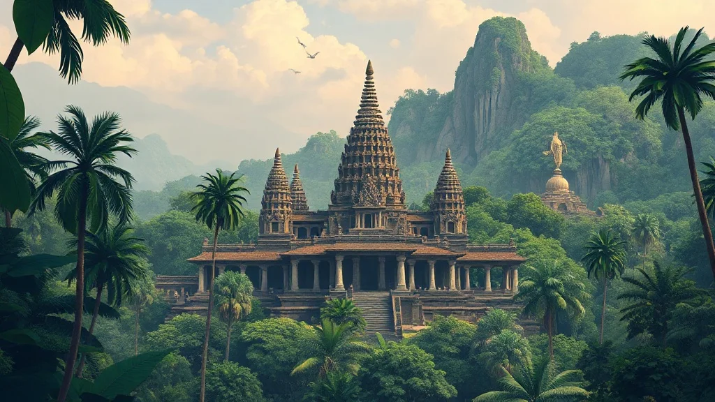 Cartoon landscape: an ancient ruined temple swallowed by jungle