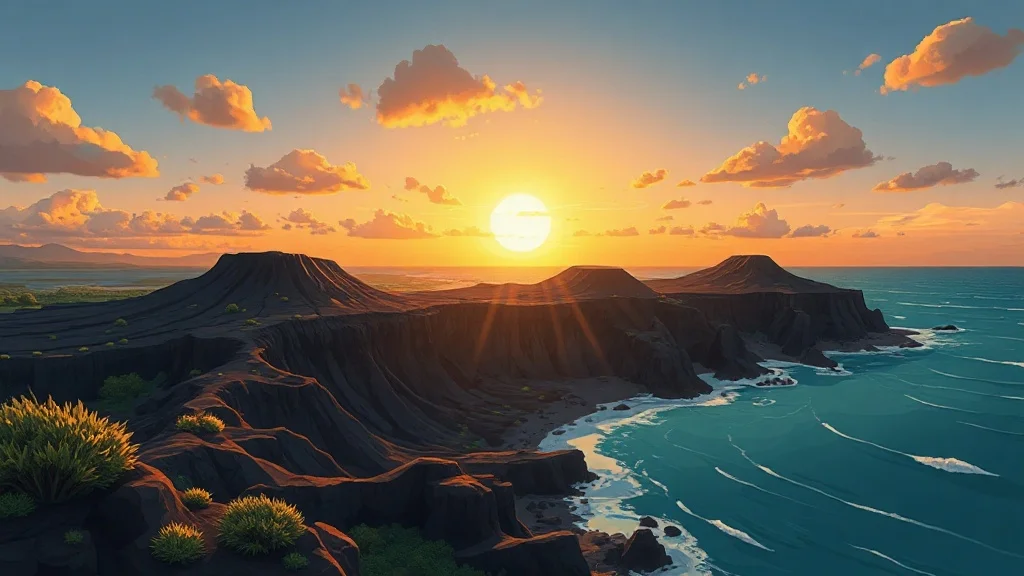 Cartoon landscape: a volcanic shoreline at golden hour