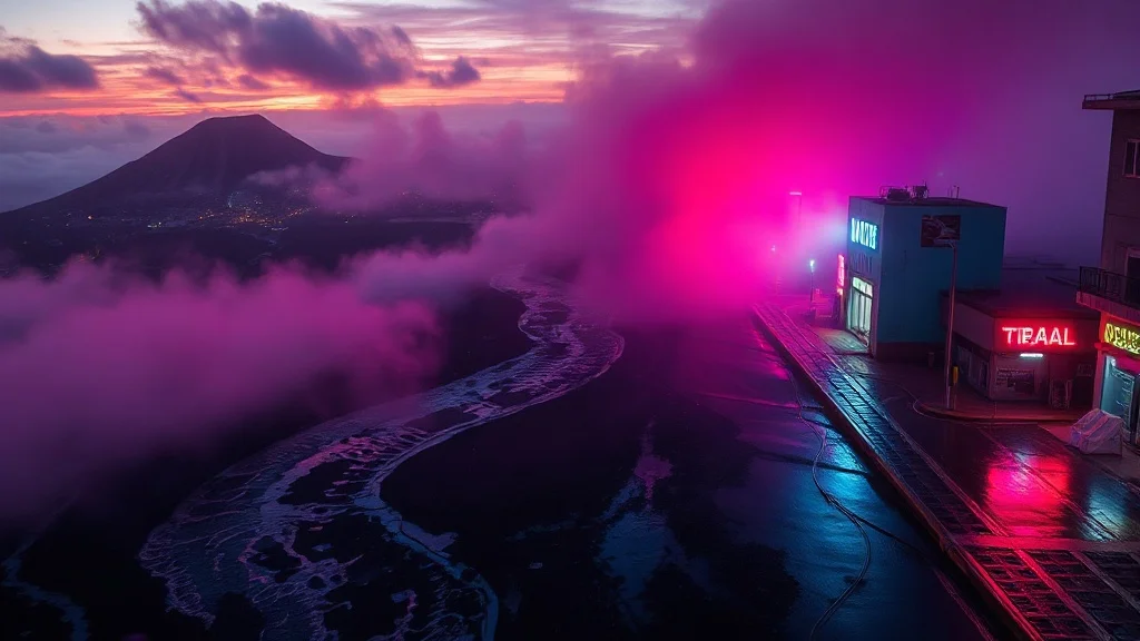 Cyberpunk landscape: a volcanic shoreline at golden hour
